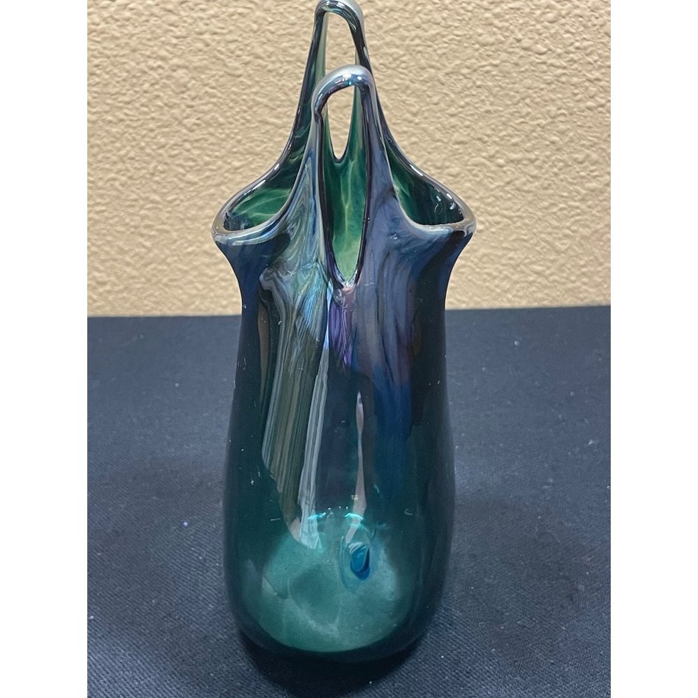 Rare Vintage Hand Blown Glass Paper Bag Vase Signed Sea Foam Blue Color - Picture 3 of 13